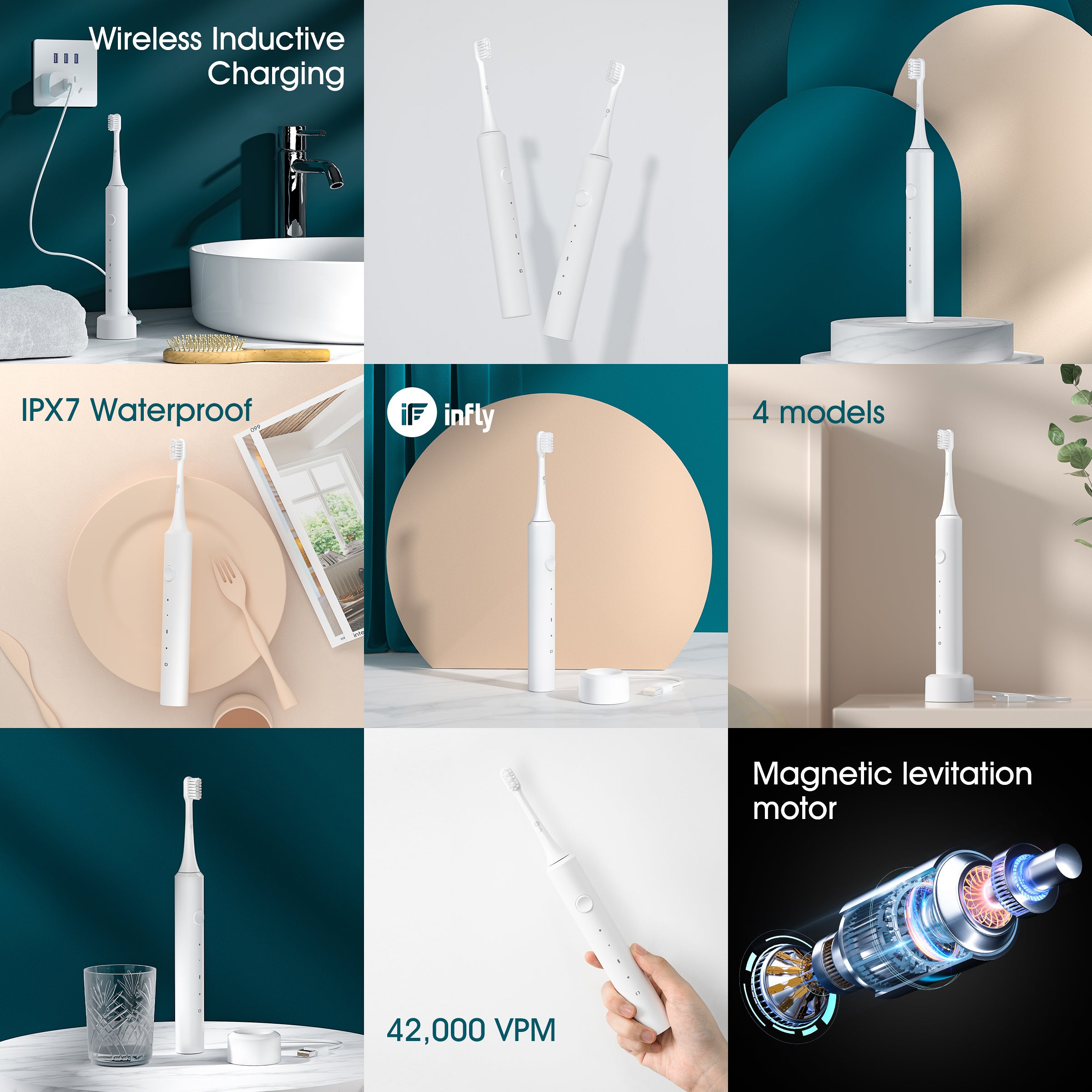 Infly T03S white black Rechargeable IPX7 Waterproof Sonic Electric Toothbrush