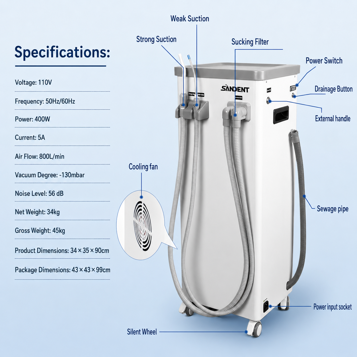 Portable Dental Suction Unit – 400W High Performance Mobile Vacuum System