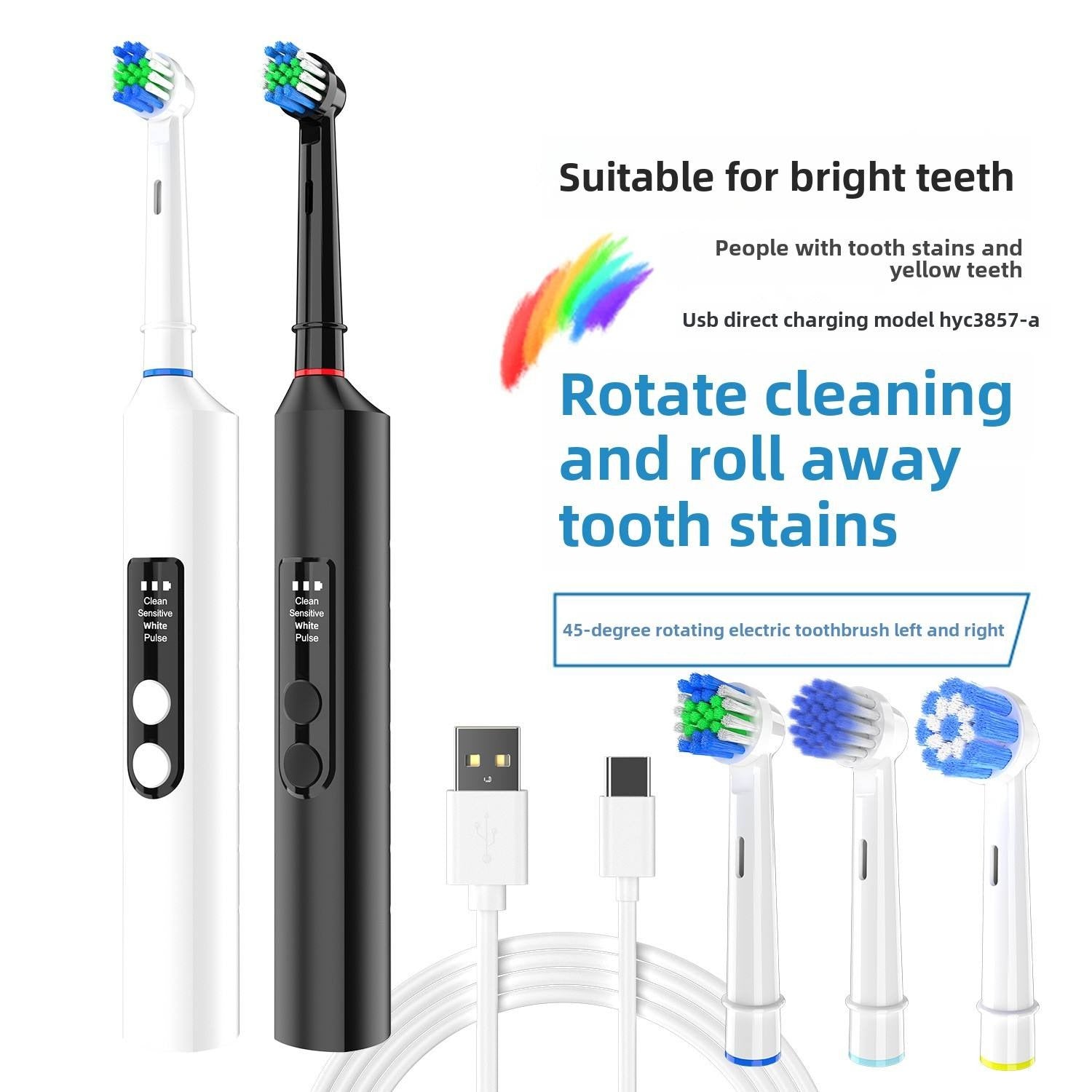 45° Rotating Electric Toothbrush – 4 Modes, USB Rechargeable, Multiple Brush Heads, IPX7 Waterproof