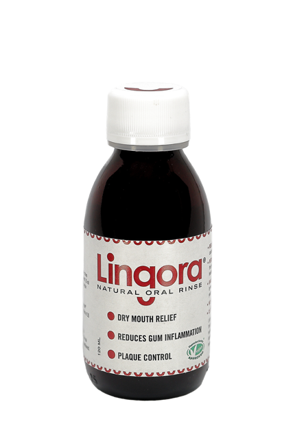 Lingora® Natural Oral Rinse, dry-mouth relief, plaque control, fruity flavour, vegan, 120 ml.