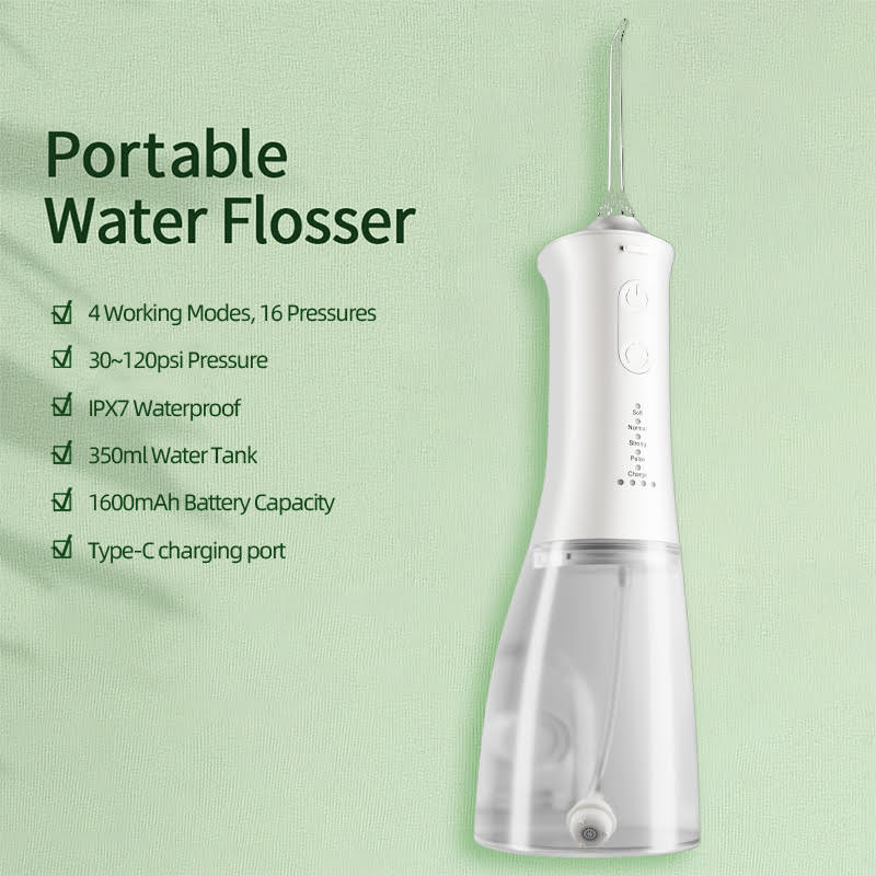 Portable Water Flosser Rechargeable Oral Irrigator – 4 Modes, 16 Pressure Levels, IPX7 Waterproof, 350ml Tank, USB Type-C Dental Cleaner